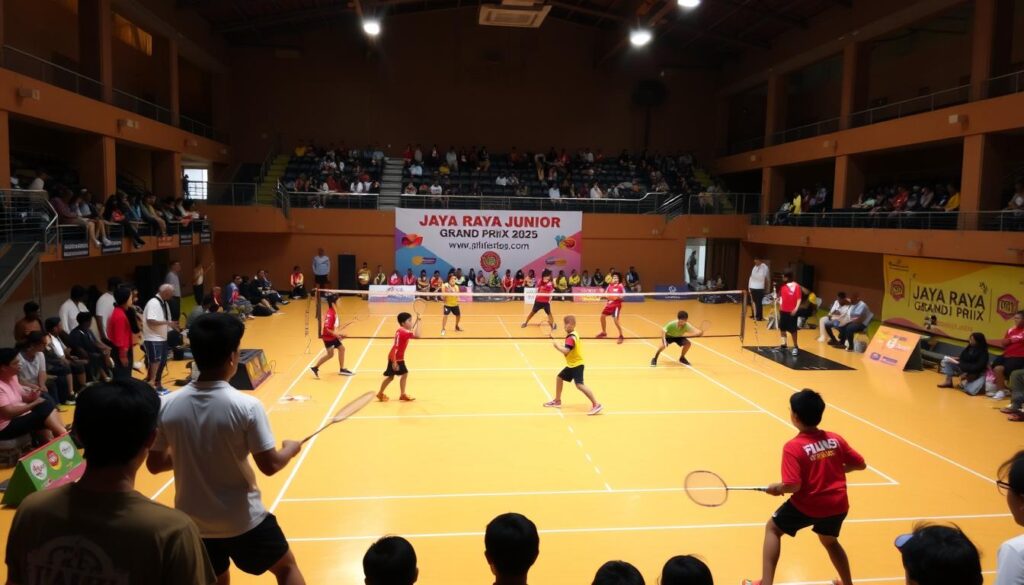 A badminton court surrounded by spectators, illuminated by warm, natural lighting. In the foreground, a group of junior players in colorful uniforms engaged in a match, their rackets poised mid-swing. The middle ground showcases the court's layout, with clear markings and a net dividing the players. In the background, a banner displays the tournament's name, "Jaya Raya Junior Grand Prix 2025," complementing the scene. The overall atmosphere conveys the excitement and energy of a competitive junior badminton event.