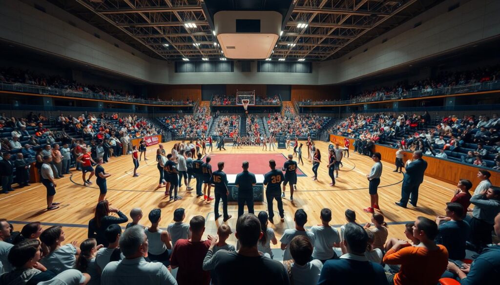 A bustling indoor sports arena, with athletes of various disciplines gathered on the polished hardwood floor. The center stage is brightly lit, as a panel of judges intently observe the competitors demonstrating their skills and athleticism. Spectators fill the tiered seating, creating an electric atmosphere of anticipation. The scene is captured with a wide-angle lens, emphasizing the grand scale and gravity of the National Selection trials. Dramatic shadows and highlights accentuate the tension and determination on the faces of the young hopefuls, as they vie for a coveted spot on the national team. An air of professional rigor and high-stakes competition permeates the entire image.