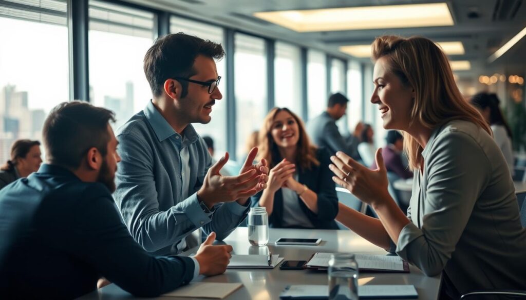 A bustling office setting, with professionals engaged in lively discussions around a conference table. Soft, warm lighting casts a thoughtful glow, capturing the collaborative atmosphere. In the foreground, two colleagues lean in, gesturing animatedly as they exchange ideas. Their expressions convey an earnest exchange, showcasing the power of dialog in the workplace. The middle ground features others joining the conversation, nodding and taking notes, while the background reveals a panoramic city skyline, hinting at the broader context of their work. An image that visually represents the value of open communication and constructive dialog within a professional environment.