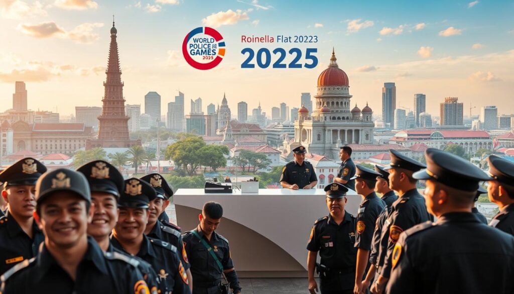 A bustling scene of the World Police and Fire Games 2025 registration booth, set against the backdrop of a vibrant Indonesian cityscape. In the foreground, a group of uniformed firefighters and police officers eagerly sign up, their expressions full of excitement and anticipation. The middle ground features a sleek, modern registration desk manned by friendly volunteers, while the background showcases a blend of traditional and contemporary architecture, infused with a warm, golden glow from the afternoon sun. The overall atmosphere conveys a sense of camaraderie, professionalism, and the spirited celebration of international public service.