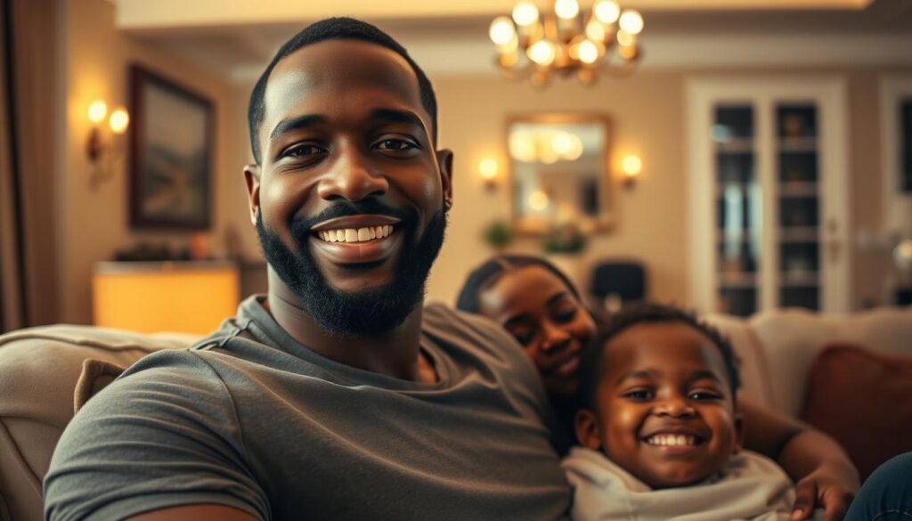 A close-knit family portrait of Chris Paul and his loved ones, captured in a warm, intimate setting. The foreground features Chris sitting comfortably with his wife Jada and their two children, their expressions radiating joy and contentment. The middle ground showcases the family's elegant, tastefully decorated living room, with plush furnishings and soft, ambient lighting. In the background, hints of a cozy, well-appointed home create a sense of safety and comfort. The overall mood is one of familial harmony, reflecting the importance of Chris' personal life and relationships beyond his professional basketball career.