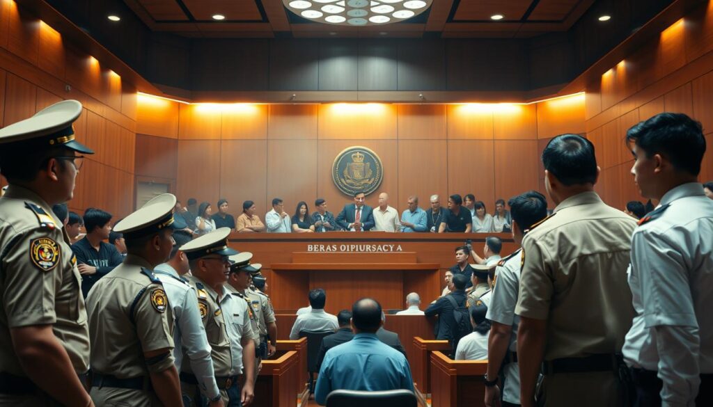 A crowded courtroom with a judge's bench at the center, illuminated by warm overhead lighting. In the foreground, a group of law enforcement officers stand vigilantly, their uniforms crisp and their expressions resolute. In the middle ground, a collection of individuals representing various stakeholders - consumers, producers, and regulators - engaged in animated discussion, signifying the complexity of the legal proceedings. The background is hazy, conveying a sense of seriousness and gravity, as the fate of the "beras oplosan" (adulterated rice) issue hangs in the balance. The scene exudes a palpable sense of urgency and the need for decisive, transparent, and just action to uphold the law and protect the public's interest.