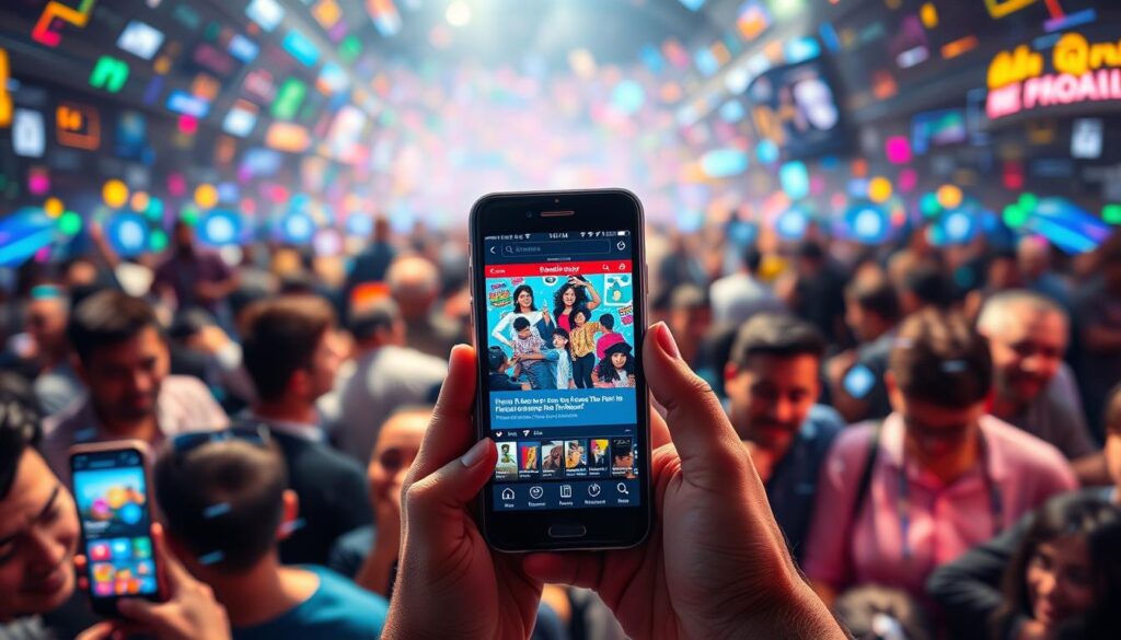 A crowded scene of vibrant social media activity. In the foreground, a smartphone screen displays a viral post with colorful graphics, dynamic animations, and engaging content. In the middle ground, a diverse group of people huddle around the device, their faces lit by the screen's glow, expressions captivated. The background is a blur of digital noise, with swirling data streams, pulsing icons, and a kaleidoscope of digital elements. The lighting is soft and diffused, creating a sense of energy and excitement. The overall atmosphere conveys the rapid, immersive, and captivating nature of social media phenomena.