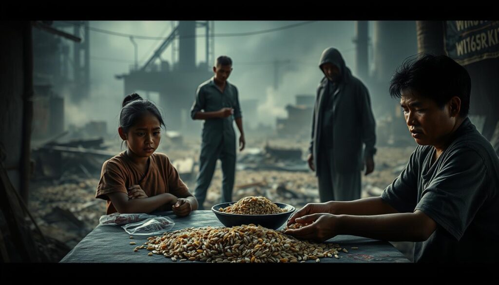 A dark, gritty scene depicting the harmful impact of counterfeit rice practices on a local community. In the foreground, a family seated around a sparse table, their faces etched with worry as they examine a handful of discolored grains. In the middle ground, a small-scale rice farmer angrily confronts a shady figure, representing the illicit supply chain. The background is hazy, with a sense of industrial decay and neglect, conveying the broader systemic issues at play. Moody lighting casts dramatic shadows, heightening the sense of unease and foreboding. The overall tone evokes the social and economic devastation wrought by these exploitative practices on vulnerable populations.