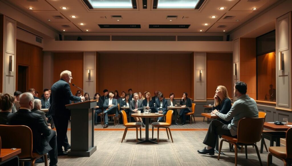 A debate scene set in a formal conference hall, with two speakers standing at podiums facing each other under bright spotlights. In the background, a group of seated audience members observe intently. The atmosphere is tense and charged, with a sense of intense intellectual discourse. In contrast, a peaceful dialogue takes place in a cozy café setting, with two people seated across a small table, engaged in a thoughtful, open-ended conversation. Soft, warm lighting and muted colors create a relaxed, contemplative mood.