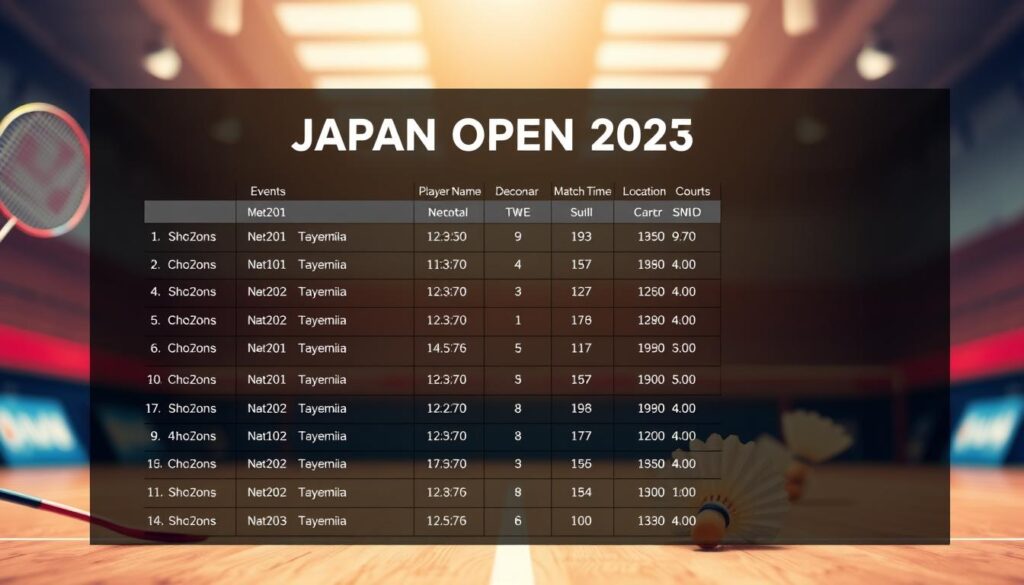 A detailed badminton tournament schedule displayed on a clean, minimalist layout. In the foreground, a neatly organized table showcases match details - event names, player names, match times, and court locations. The background features a soft, blurred badminton court scene, with rackets and shuttlecocks creating a subtle, sporty ambiance. The lighting is warm and natural, creating a welcoming atmosphere. The overall design is sleek and professional, reflecting the high-level competition of the Japan Open 2025 Badminton Tournament.