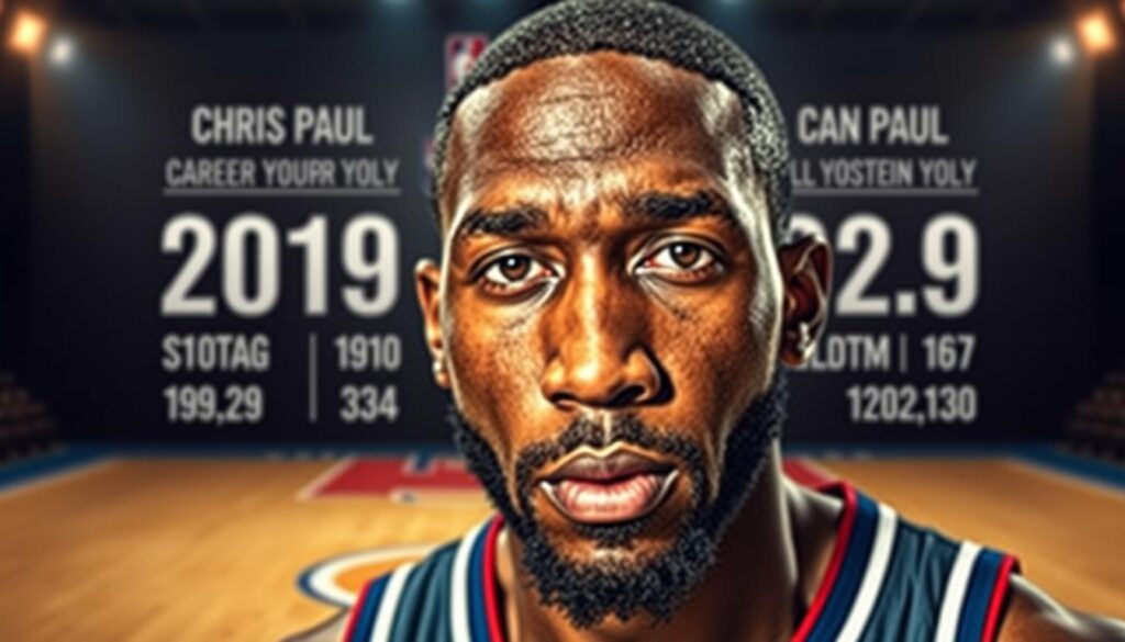 A detailed, high-quality portrait of Chris Paul, the legendary NBA point guard, set against a backdrop of basketball court lines and statistics visualizing his impressive career achievements. Warm, dramatic lighting highlights the determination and focus in his expression, conveying the dedication and work ethic that have defined his storied 18-year professional journey. The composition emphasizes Paul's leadership qualities and impact on the game, with a sense of depth and dimension that enhances the overall impact of the image.