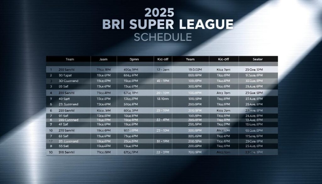 A detailed schedule for the 2025 BRI Super League, with a clean and professional design. The schedule is presented on a sleek, metallic background, creating a high-tech, futuristic atmosphere. The matches are arranged in a clear, grid-like layout, with team names, match dates, and kick-off times prominently displayed. Subtle lighting from the side casts dramatic shadows, adding depth and visual interest to the composition. The overall aesthetic is modern, minimalist, and highly organized, reflecting the precision and excitement of the upcoming league season.