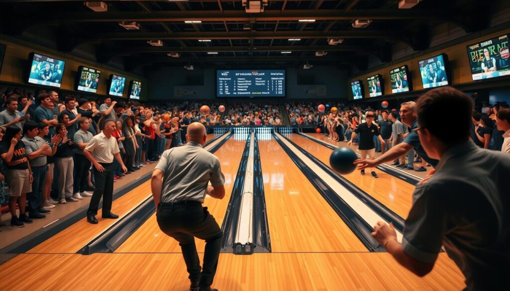 A grand bowling tournament in a well-lit indoor arena, with shiny hardwood lanes stretching out before a crowd of enthusiastic spectators. In the foreground, skilled bowlers in crisp uniforms concentrate as they prepare to release their balls, their faces filled with determination. The middle ground captures the action, with balls gracefully rolling down the lanes, scattering pins in a burst of energy. In the background, a scoreboard displays the standings, showcasing the prestigious accomplishments of the tournament's top performers. Warm, saturated lighting and a sense of anticipation create an atmosphere of athletic excellence and competitive spirit.