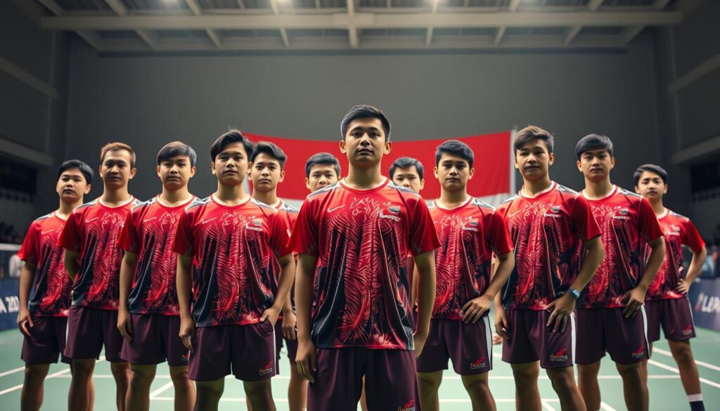 A group of badminton players, clad in vibrant uniforms, stand proudly on a court with a backdrop of the Indonesian flag. The players exude a determined expression, showcasing their skill and athleticism. The lighting is soft and warm, casting an inspiring glow on the scene. The camera angle is slightly elevated, giving a sense of grandeur and importance to the moment. The atmosphere is one of national pride and anticipation, as these athletes represent the hopes and dreams of their country on the global stage of the Japan Open 2025 Badminton Tournament.