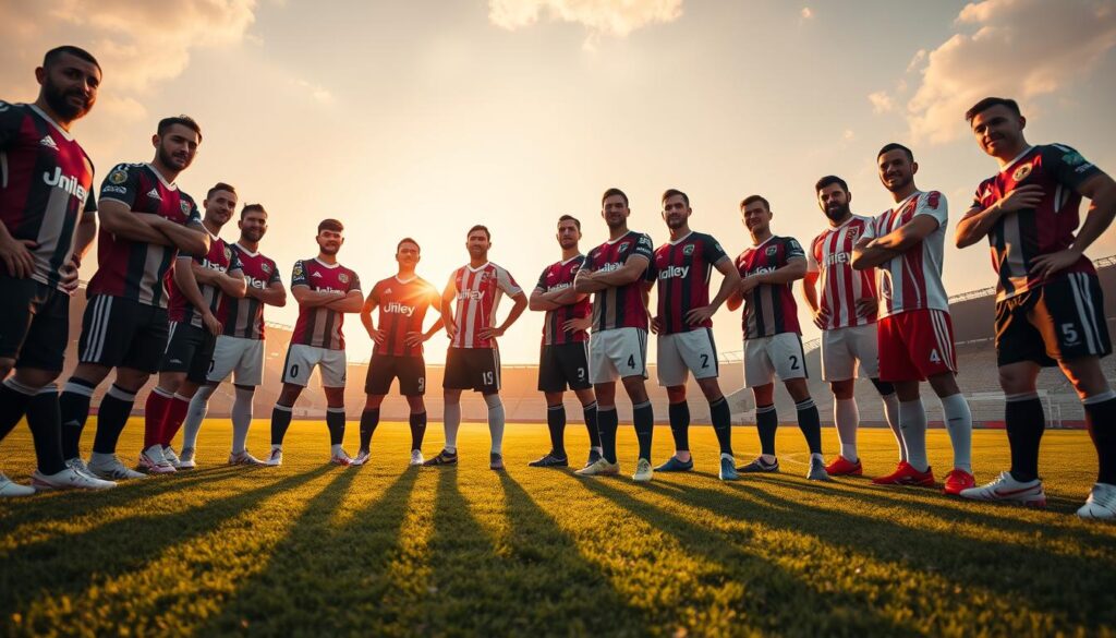 A group of professional soccer players from the BRI Super League 2025 standing on a lush, green pitch under a warm, golden-hour sky. The players, wearing their team jerseys, are posed in a dynamic, action-oriented stance, ready to showcase their skills and teamwork. The camera captures them from a low angle, emphasizing their athleticism and power. The background is slightly blurred, keeping the focus on the players' expressions and movements. The overall scene conveys a sense of excitement, anticipation, and the high-stakes competition of the league.