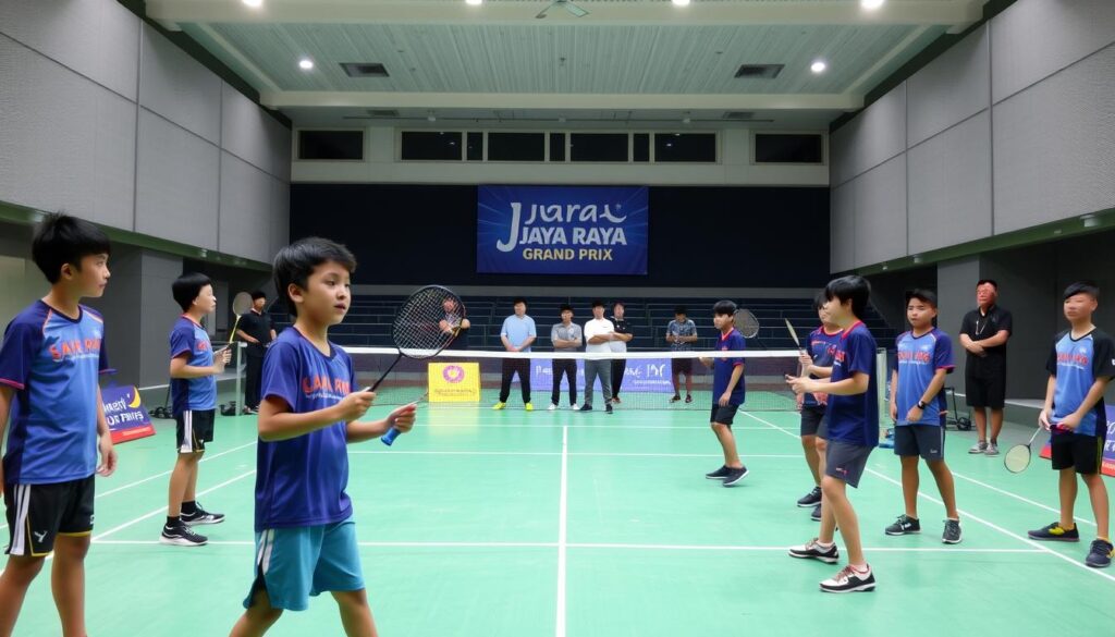 A group of young badminton players, their faces alight with determination, stand poised on a well-lit indoor court. The foreground features their nimble movements as they engage in a spirited rally, rackets flashing in the bright, uniform lighting. In the middle ground, their coaches observe intently, offering guidance and encouragement. The background depicts the arena's sleek, modern architecture, with the Jaya Raya Grand Prix logo prominently displayed, setting the scene for this prestigious junior tournament. The overall atmosphere is one of focused intensity, capturing the essence of these promising young athletes as they strive for victory.