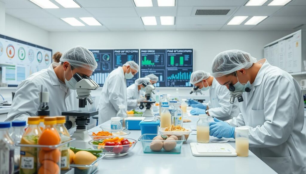 A hygienic laboratory setting, with a team of food inspectors in white coats and gloves carefully examining various food samples under microscopes and conducting chemical analyses. Bright, clean lighting illuminates the scene, creating a sterile, professional atmosphere. The inspectors are intently focused on their work, ensuring the quality and safety of the food products. In the background, displays and charts showcase data related to food quality control and regulatory standards. An overarching sense of diligence and attention to detail pervades the image, emphasizing the importance of rigorous food safety monitoring.