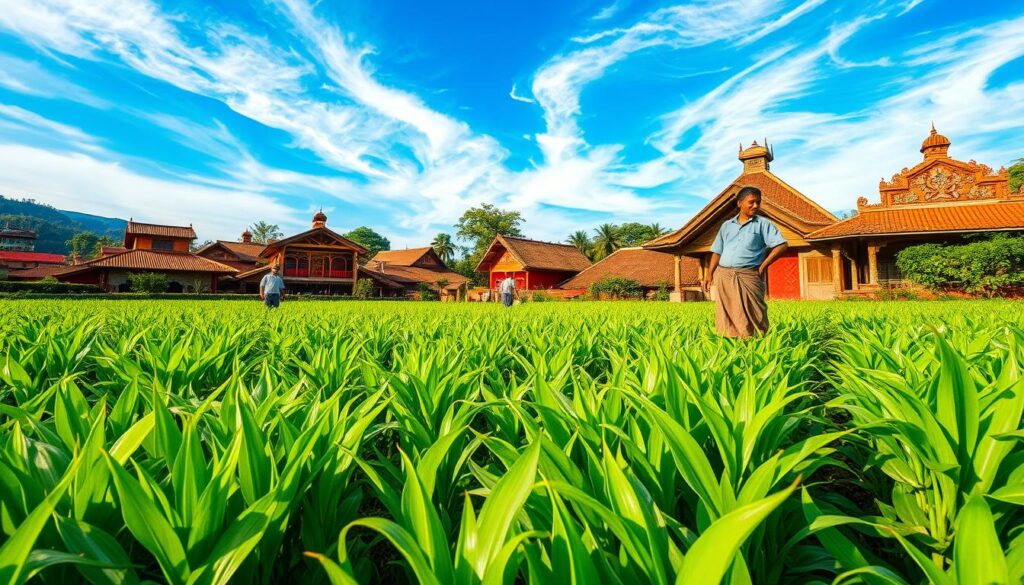 A lush, verdant field with rows of crops swaying gently in the breeze. In the foreground, a farmer tending to the plants, their hands calloused from years of hard work. The background showcases a vibrant, traditional village, its buildings adorned with intricate carvings and vibrant colors. Overhead, the sky is a brilliant blue, with wispy clouds drifting lazily. The scene is bathed in warm, golden light, capturing the essence of the local culture's connection to the land. A sense of harmony and balance permeates the image, reflecting the deep-rooted traditions of aura farming.