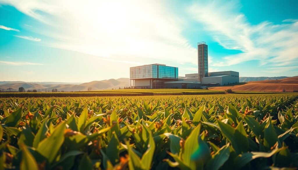 A meticulously designed agricultural landscape, showcasing the harmonious integration of transparency and food security within the MBG governance framework. In the foreground, a lush, verdant field of diverse crops sways gently in the warm breeze, symbolizing the abundance and diversity of the local food system. In the middle ground, a modern, state-of-the-art processing facility stands tall, its glass facades reflecting the sky and surrounding environment, representing the transparency and accountability of the MBG program. In the background, rolling hills and a vibrant, azure sky create a serene, picturesque backdrop, evoking a sense of balance and tranquility. Soft, diffused lighting casts a warm, golden glow over the entire scene, conveying a sense of harmony and optimism.
