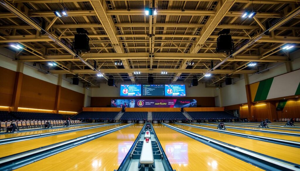 A modern sports arena with bright overhead lighting illuminating a well-maintained bowling alley. Sleek lanes stretch out in the foreground, the polished wood gleaming under the intense stadium-style illumination. In the middle ground, rows of comfortable seating and scoring tables are arranged around the lanes, creating a sense of anticipation and competition. The background features towering ceilings, state-of-the-art scoreboards, and the vibrant branding of the national bowling championship event. The overall atmosphere conveys a sense of high-stakes excitement and professionalism, befitting the prestigious Jadwal Pertandingan Boling Nasional.