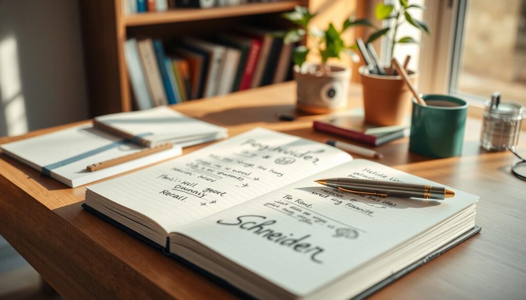 A neatly organized desk with a journal, pen, and desk accessories in a warm, natural lighting. The journal cover features the Schneider logo, and the pages are filled with handwritten notes and sketches. In the background, a bookshelf with reference materials and a potted plant create a cozy, productive atmosphere. The composition emphasizes the thoughtful, introspective nature of keeping a personal development journal, inviting the viewer to imagine themselves engaged in this reflective practice.