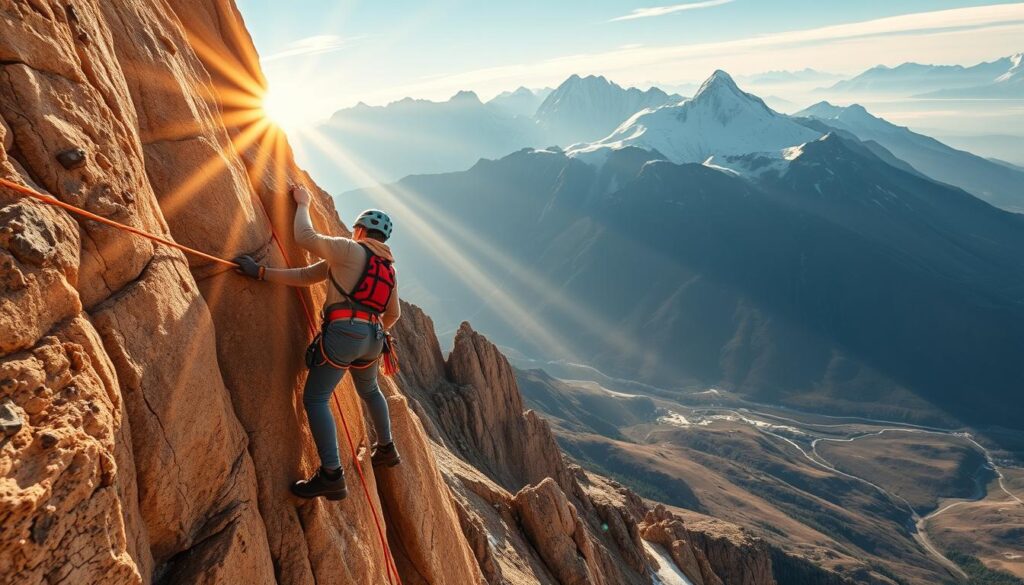 A rock climber, dressed in a vibrant red and blue climbing harness, scaling a rugged, sun-dappled cliff face, their movements fluid and precise. The background is a panoramic vista of towering peaks, their snow-capped summits piercing the azure sky. Rays of warm light cast a golden glow across the scene, accentuating the climber's determination and the sheer grandeur of the natural landscape. The camera angle is slightly elevated, lending a sense of dramatic perspective and highlighting the climber's impressive skills and the breathtaking scenery that surrounds them.