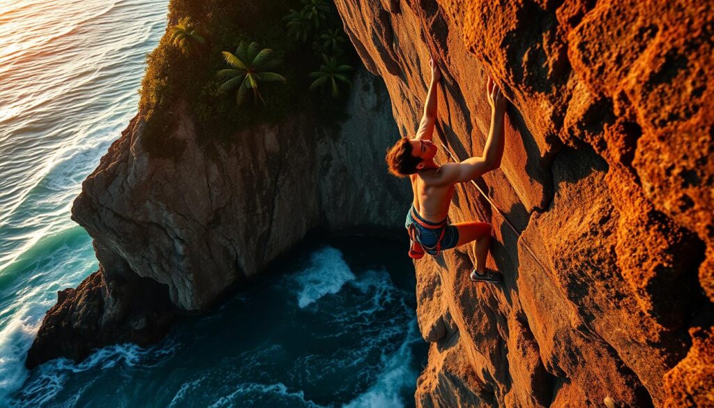 A rock climber in athletic gear scaling a rugged sea cliff during the SEA Games, with the turquoise ocean waves crashing against the base. Dramatic lighting from the setting sun casts long shadows, accentuating the climber's muscular physique and determined expression as they ascend the challenging route. The backdrop features lush tropical foliage clinging to the weathered rock face, conveying the breathtaking natural setting of this elite climbing competition. A sense of power, grace, and athletic prowess radiates from the scene, capturing the spirit of the SEA Games 2025 climbing event.