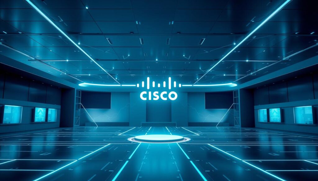 A secure digital landscape with interconnected hubs, symbolizing the collaborative effort between Cisco and Indonesia in strengthening cyber defenses. Sleek, minimalist architecture in shades of blue and gray, with subtle technology motifs. Soft, ambient lighting casts a professional, authoritative atmosphere. The composition features a central focus on the collaborative partnership, with supporting elements hinting at the latest digital security solutions. Precise, high-quality rendering with a cinematic, almost cinematic quality.