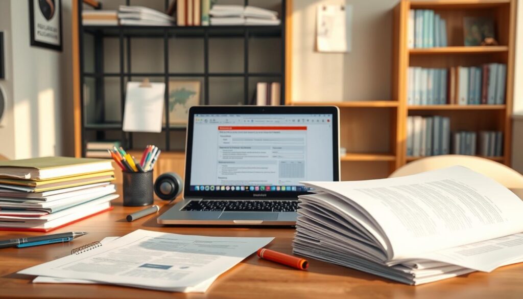 A serene and organized composition showcasing the various requirements for a scholarship application. In the foreground, a stack of official documents and forms neatly arranged on a wooden desk, illuminated by warm, natural lighting. In the middle ground, a laptop displaying a digital application form, surrounded by stationery essentials like pens, highlighters, and a calculator. In the background, a bookshelf filled with reference materials and a wall-mounted calendar, creating a professional and academic atmosphere. The overall scene conveys a sense of diligence, attention to detail, and preparedness for the scholarship application process.