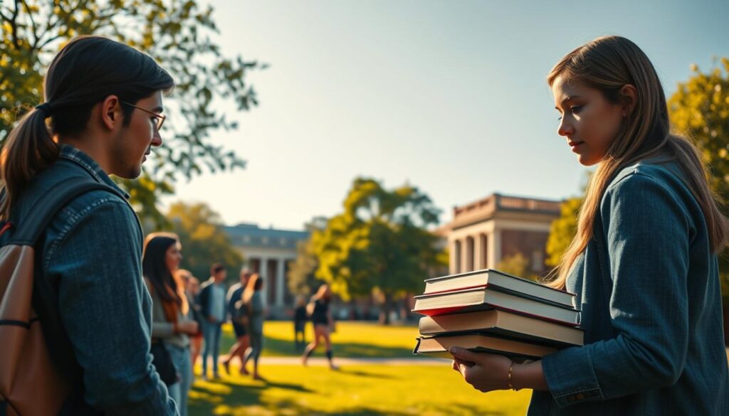 A serene college campus, its stately buildings and manicured lawns bathed in warm, golden sunlight. In the foreground, a group of students engaged in lively discussion, their faces alight with intellectual curiosity. In the middle ground, a young scholar pores over a stack of books, her expression one of deep contemplation. The background is a tapestry of verdant trees and a clear, azure sky, conveying a sense of tranquility and opportunity. The overall scene evokes the transformative power of education, the impact of scholarships, and the pursuit of philosophical enlightenment.