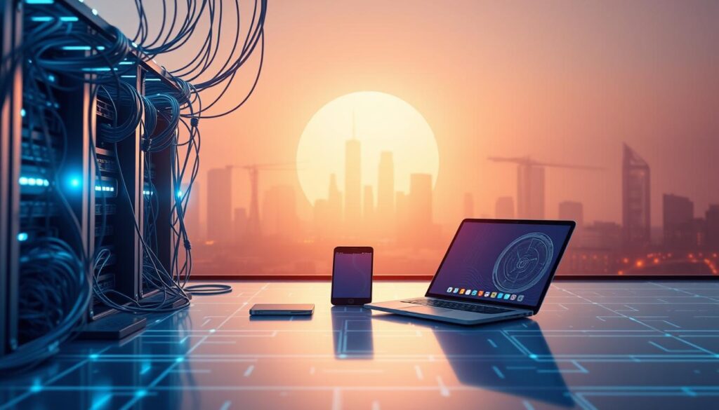 A serene digital ecosystem, bathed in a soft, ambient glow. In the foreground, a secure network hub hums with activity, its intricate cabling and sleek, minimalist design conveying a sense of order and sophistication. The middle ground features a trio of diverse digital devices - a smartphone, laptop, and tablet - seamlessly interconnected, symbolizing the seamless integration of technology in modern life. In the background, a stylized cityscape emerges, its silhouetted skyscrapers and infrastructure representing the wider digital landscape. The overall scene exudes a calming, futuristic atmosphere, underscoring the centrality of digital security in shaping a thriving, connected world.