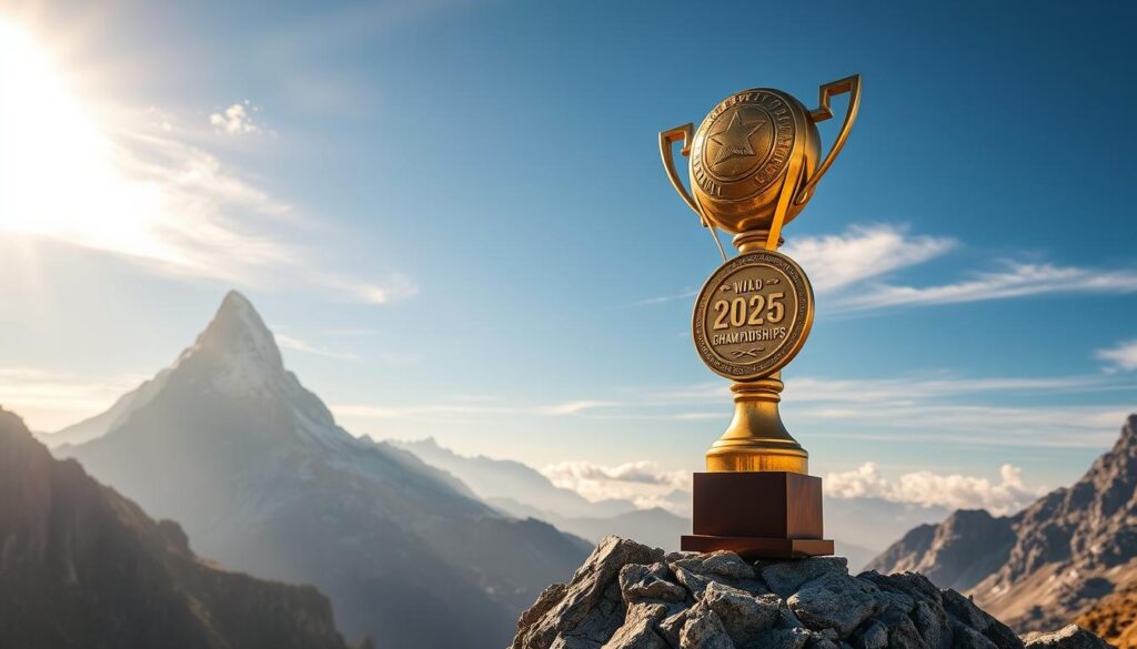 A striking rock climbing trophy standing tall on a rugged mountainside, illuminated by warm golden sunlight filtering through wispy clouds. The polished medal glistens, its intricate design reflecting the skill and dedication of the climbers who will compete for it in the 2025 World Climbing Championships. In the distance, imposing peaks rise up, symbolizing the challenges and triumphs that await the world's top athletes as they strive to reach new heights in this thrilling sport. The scene exudes a sense of anticipation and determination, capturing the spirit of the upcoming competition and the aspirations of those who will vie for this coveted prize.