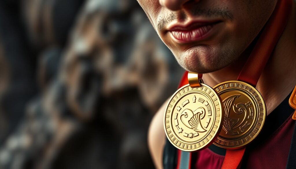 A stunning gold medal hanging from a climber's neck, captured in a dramatic closeup against a blurred background of rugged rock formations. The medal's intricate details gleam under precise studio lighting, casting subtle shadows that accentuate its contours. The athlete's proud, determined expression conveys the hard-earned triumph of their achievement, the medal a tangible symbol of their excellence in the sport of competitive rock climbing. The image evokes a sense of triumph, power, and the culmination of years of dedicated training and unwavering perseverance.