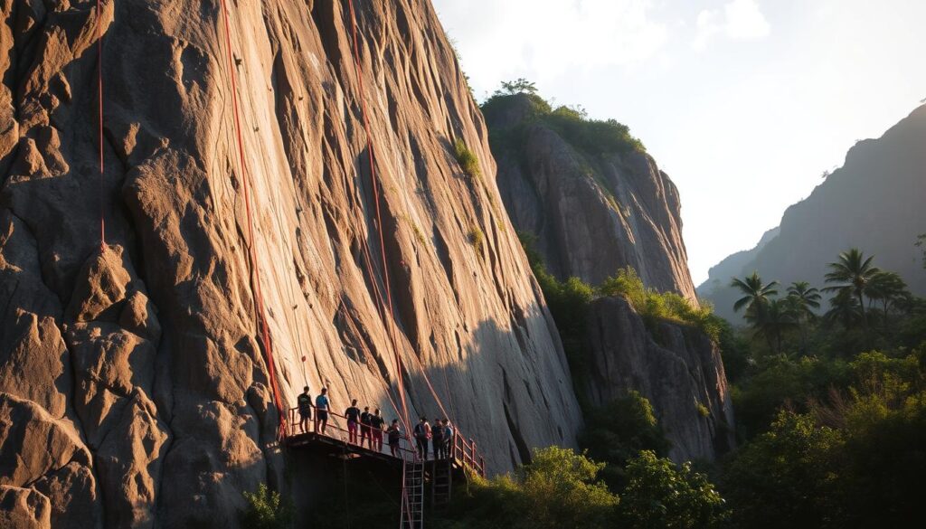 A towering limestone cliff rising against a backdrop of lush tropical foliage, the rock face adorned with colorful climbing routes and anchored by a robust safety infrastructure. In the foreground, a group of adventurous climbers scale the challenging routes, their movements graceful and focused as they navigate the intricate handholds. The scene is bathed in warm, golden light, casting dramatic shadows and highlighting the textured surface of the rock. The overall atmosphere is one of exhilaration and camaraderie, capturing the essence of Thailand's premier rock climbing destination.