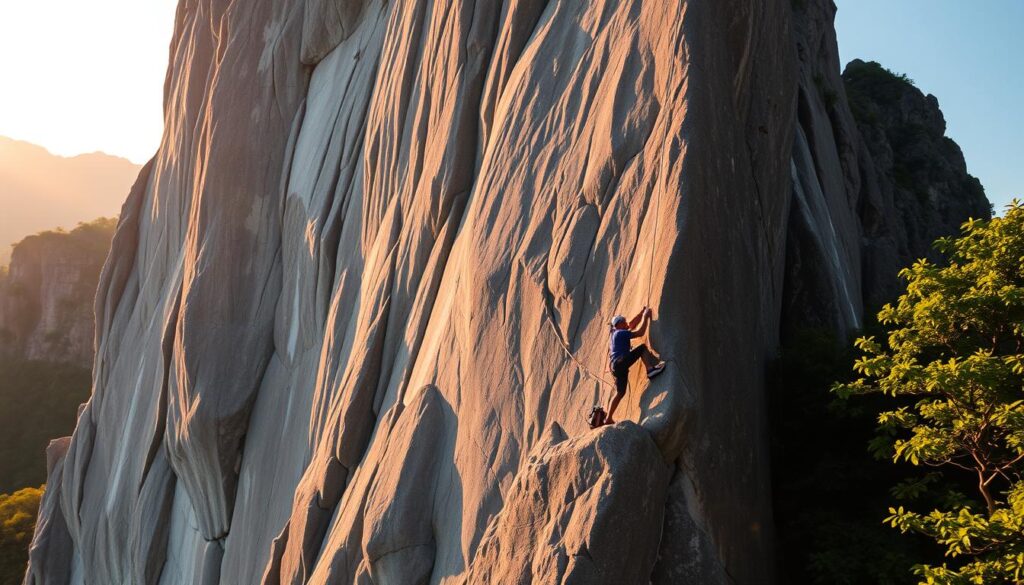 A towering rock face, its jagged edges and crevices casting dramatic shadows under the warm glow of the setting sun. On the face, a lone climber clings to the surface, their chalk-covered hands and nimble movements showcasing the skill and determination required to ascend this challenging target. The surrounding landscape is lush with verdant foliage, hinting at the tropical climate of the region. The image captures the anticipation and focus of the climber, conveying the high-stakes nature of the upcoming Sea Games competition, where Indonesia's top athletes will strive to overcome this formidable obstacle and claim victory.