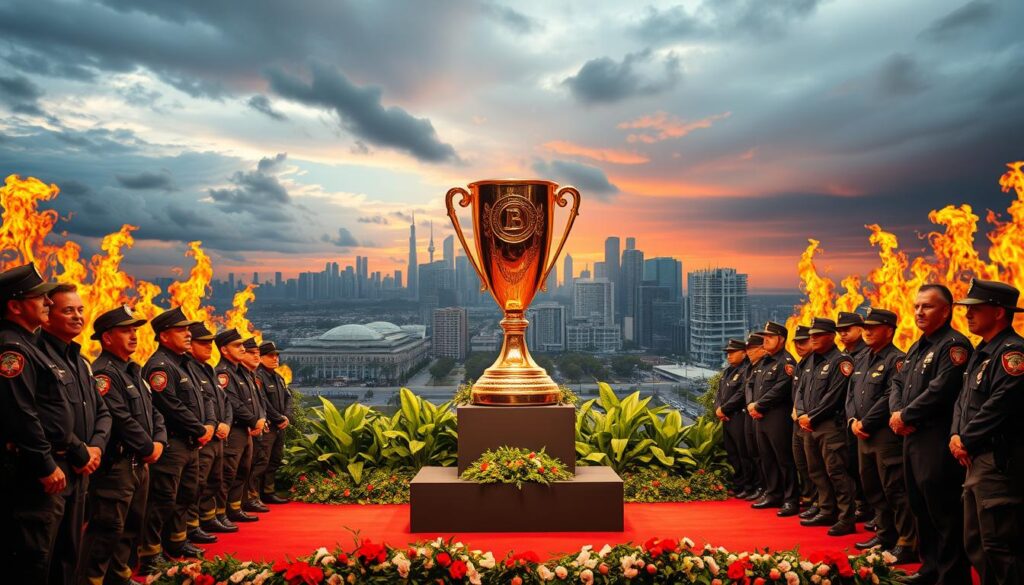 A vibrant ceremony honoring the courageous efforts of first responders, showcasing a gleaming trophy against a backdrop of cascading flames and a dramatic sky. In the foreground, a group of uniformed firefighters and police officers stand proudly, their expressions conveying a sense of dedication and service. The middle ground features a grand stage adorned with lush greenery and a sleek, modern design, creating an air of importance and prestige. In the distance, a cityscape of towering skyscrapers and bustling streets sets the scene, emphasizing the global significance of this event. Warm, golden lighting bathes the entire composition, evoking a sense of celebration and triumph.
