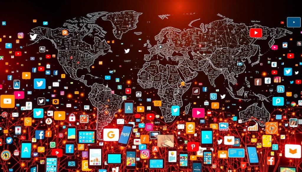 A vibrant, global social media landscape comes to life, with a tapestry of digital interactions and connections. In the foreground, a diverse array of mobile devices, screens, and social media icons create a pulsing, interconnected grid. The middle ground features a dynamic flow of text, images, and videos, representing the constant exchange of information and experiences across borders. In the background, a world map serves as a backdrop, symbolizing the worldwide reach and impact of these virtual phenomena. Warm, natural lighting casts a soft glow, conveying a sense of energy and vitality. The overall composition evokes a sense of the scale, complexity, and far-reaching influence of social media as a global phenomenon.