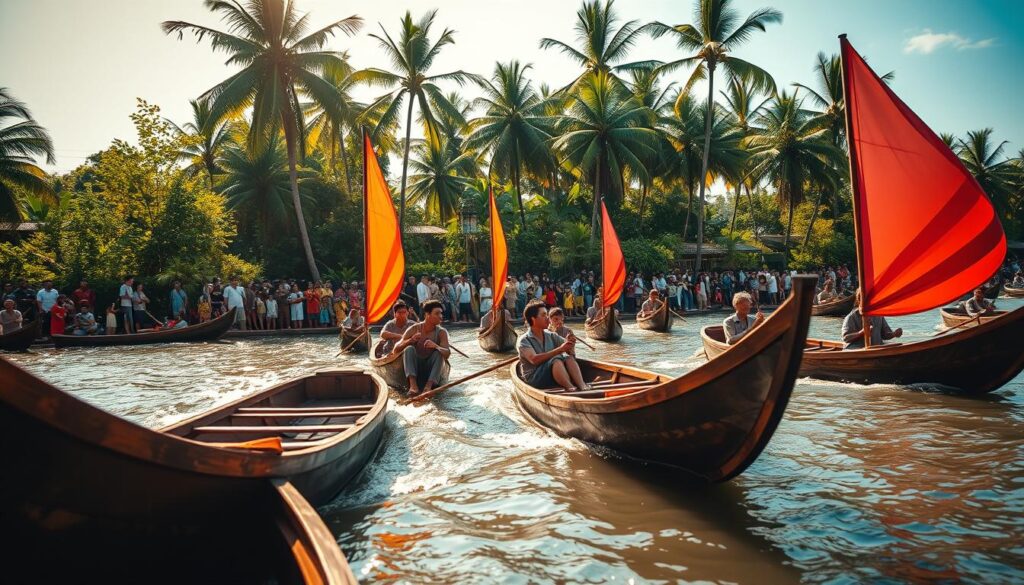 A vibrant scene of the traditional "pacu jalur" boat racing event, captured with a wide-angle lens. In the foreground, sleek, hand-carved wooden boats glide across the glistening river, their colorful sails billowing in the breeze. Mid-frame, crowds of spectators line the riverbanks, their expressions animated as they cheer on the racers. The background features lush, verdant foliage and towering palm trees, creating a picturesque tropical setting. Warm, golden sunlight filters through the scene, casting a soft, magical glow and highlighting the intricate details of the boats and the energy of the crowd. The overall atmosphere conveys the rich cultural heritage and communal spirit of this beloved Indonesian tradition.