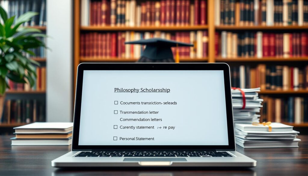 A well-lit, high-resolution desktop scene showcasing the key requirements for a university philosophy scholarship application. In the foreground, a laptop displays a checklist of documents, including transcripts, recommendation letters, and a personal statement. In the middle ground, a stack of paperwork and a graduation gown symbolize the academic nature of the application process. The background features a bookshelf filled with philosophy texts, creating an intellectual atmosphere. The overall composition conveys a sense of diligence, attention to detail, and the seriousness of the application process for a prestigious philosophy scholarship.