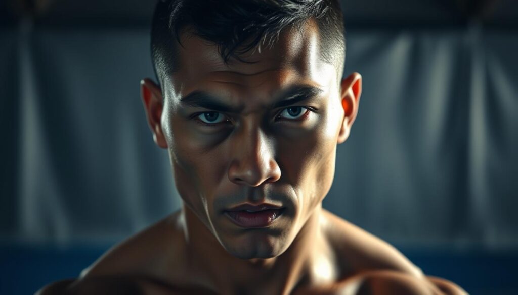 An intense close-up portrait of a professional Indonesian athlete, their chiseled features and determined expression captured in dramatic low-key lighting. The subject's muscular frame fills the frame, with a focused, intense gaze directed towards the camera. The background is blurred, placing the emphasis solely on the athlete's powerful physique and unwavering determination. The image conveys a sense of strength, focus, and the relentless dedication required to compete at the highest levels of international sports.