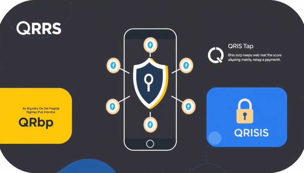 Ilustrasi keamanan QRIS Tap dengan simbol keamanan dan enkripsi data Ilustrasi keamanan QRIS Tap dengan simbol keamanan dan enkripsi data