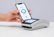 Ilustrasi teknologi QRIS Tap dengan smartphone yang didekatkan ke mesin pembaca NFC
