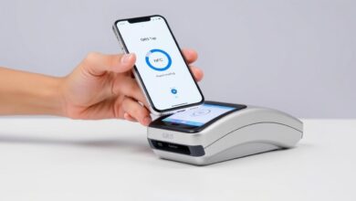 Ilustrasi teknologi QRIS Tap dengan smartphone yang didekatkan ke mesin pembaca NFC