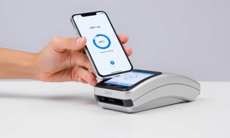 Ilustrasi teknologi QRIS Tap dengan smartphone yang didekatkan ke mesin pembaca NFC