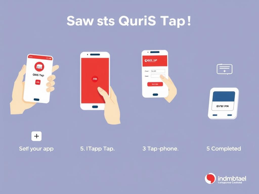 Langkah-langkah menggunakan QRIS Tap dengan ilustrasi proses dari membuka aplikasi hingga menyelesaikan transaksi Langkah-langkah menggunakan QRIS Tap dengan ilustrasi proses dari membuka aplikasi hingga menyelesaikan transaksi
