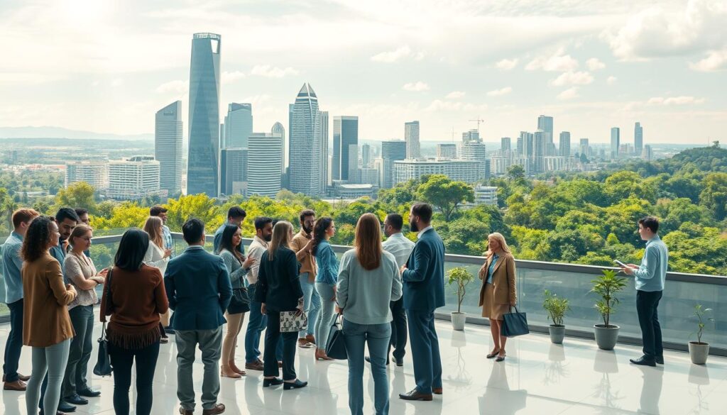 a professional network of green jobs, a vibrant landscape of connected individuals and organizations, working towards a sustainable future. In the foreground, a diverse group of people engaged in discussions, brainstorming ideas, and collaborating on innovative green projects. The middle ground features a sleek, modern office space, with cutting-edge technology and renewable energy solutions. In the background, a cityscape with towering skyscrapers and lush greenery, symbolizing the integration of urban development and environmental conservation. Soft, diffused lighting creates a warm, inviting atmosphere, while the composition emphasizes the interconnectedness and synergy of the green jobs ecosystem.