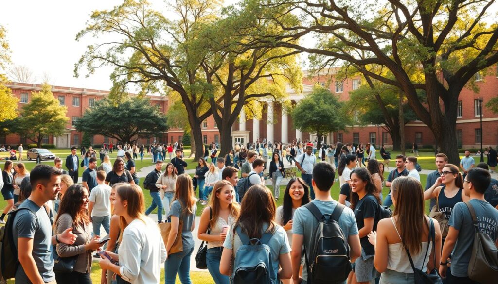 A bustling university campus comes to life, with a diverse group of students gathered in a vibrant, open-air setting. In the foreground, friends converse animatedly, sharing ideas and exchanging lively discussions. The middle ground reveals a mix of formal and informal gatherings, from club meetings to casual study sessions under the shade of towering trees. In the background, the campus buildings stand as a backdrop, their architecture reflecting the institution's rich history and academic prestige. The scene is bathed in warm, natural lighting, creating a welcoming and collaborative atmosphere that encapsulates the spirit of an engaged student community.