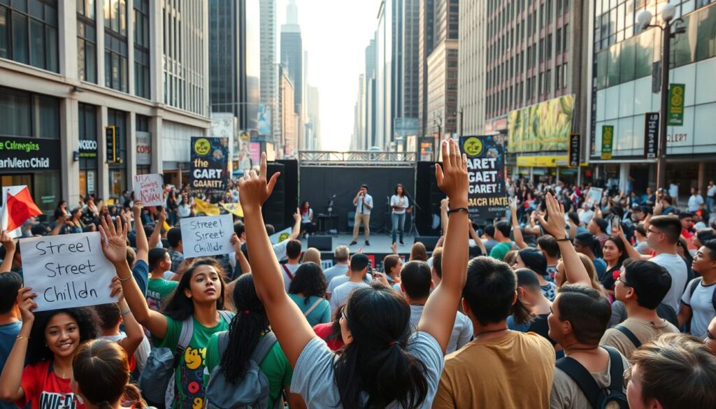 A busy city street, bustling with a vibrant crowd gathered for a street child awareness campaign. In the foreground, a group of energetic young activists hold up colorful placards and banners, their expressions a mix of passion and determination. In the middle ground, a stage is set up, with speakers and performers engaging the audience, their voices amplified by a professional sound system. The background is a blend of towering skyscrapers and pedestrians, creating a dynamic urban landscape. The scene is illuminated by warm, natural lighting, casting a hopeful glow over the entire event. The overall atmosphere is one of empowerment, community, and a shared mission to support and uplift the city's street children.