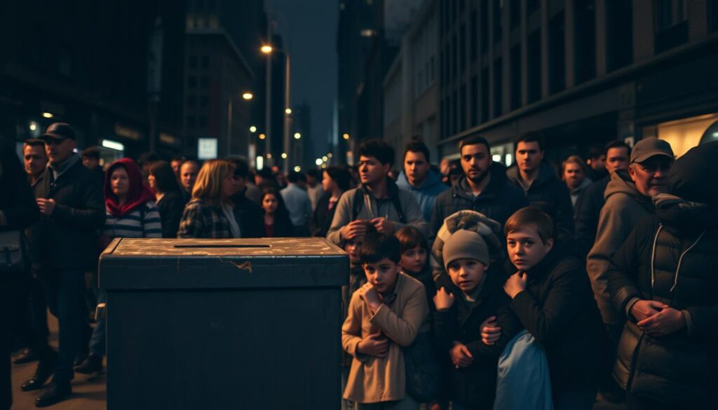 A crowded city street, dimly lit, with a group of children huddled on the sidewalk, their faces etched with weariness. In the foreground, a collection box stands, its surface worn and weathered, a plea for donations to aid these young souls. The middle ground is a swirl of passersby, their expressions ranging from indifference to compassion. In the background, the silhouettes of towering buildings loom, a stark contrast to the vulnerable figures on the street. The scene is suffused with a somber, muted palette, conveying the gravity of the situation and the need for action. Soft, warm lighting casts a gentle glow, highlighting the children's eyes, silently beseeching the viewer to offer their support.
