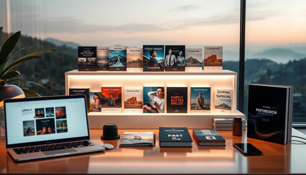 A high-quality digital product display showcasing various items such as premium templates, presets, and ebooks. The foreground features an elegant desk setup with a laptop, tablet, and other digital accessories, all illuminated by warm, soft lighting. In the middle ground, the digital products are presented on a minimalist display, their covers and designs exuding an air of sophistication and value. The background subtly fades into a serene, natural environment, reflecting the tranquility and focus associated with digital content creation. The overall scene conveys a sense of professionalism, productivity, and the potential for lucrative online sales of premium digital goods.