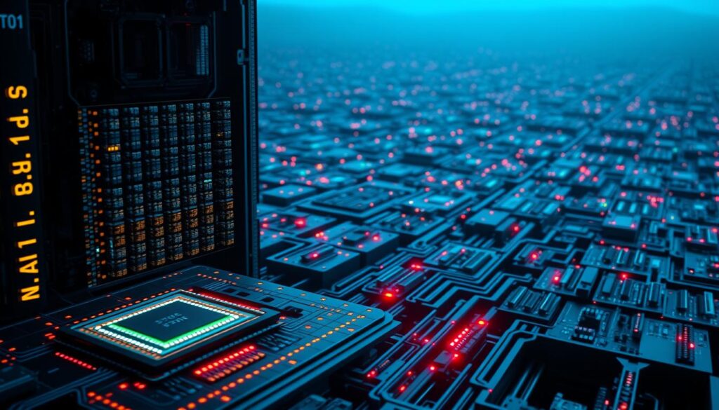 A high-resolution, photorealistic image of a virtual memory system. The foreground depicts a computer processor executing processes, with a grid-like overlay representing the virtual memory architecture. The middle ground shows a complex labyrinth of interconnected memory blocks, each glowing with a unique color, symbolizing the dynamic allocation and management of virtual memory. In the background, a vast landscape of binary code and data flows, creating a sense of depth and scale. The lighting is dramatic, with sharp contrasts and shadows, emphasizing the technical and futuristic nature of the scene. The overall mood is one of power, efficiency, and the seamless integration of hardware and software in the demand paging of virtual memory.