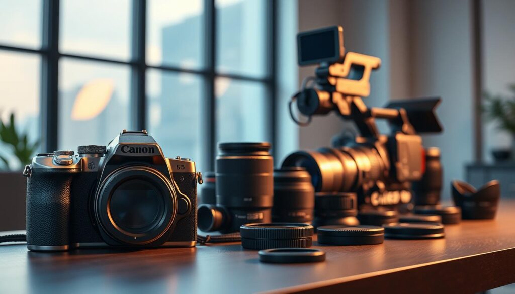 A meticulously composed still life capturing the essence of "foto video". In the foreground, a sleek DSLR camera and a professional-grade video camera, their polished metallic bodies gleaming under warm, directional lighting. The middle ground features an array of lenses and camera accessories, neatly arranged on a modern, minimalist table surface. The background hints at a sophisticated studio setting, with soft, diffused natural light filtering through large windows, casting a subtle, ambient glow. The overall mood is one of creativity, attention to detail, and the tools of the trade required for capturing visually stunning content for an online store.