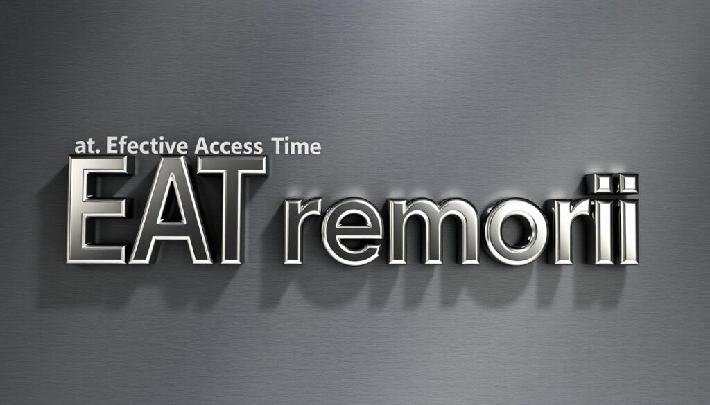 A photorealistic 3D render of the text "EAT memori" against a textured, metallic background. The letters are cast in a durable, high-polish chrome material, with slight depth and beveling to create a sense of dimensionality. The background is a mottled, brushed steel surface, evoking the aesthetic of computer hardware and technology. Dramatic, directional lighting casts long shadows, creating a sense of depth and solidity. The overall scene has a sleek, minimalist, and high-tech feel, suitable for illustrating the "Effective Access Time" concept in the article.
