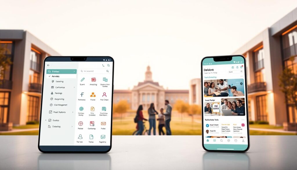 A sleek, intuitive campus activity management application set against a modern, minimalist backdrop. In the foreground, a clean user interface with icons and menus showcasing features like event scheduling, club management, and student engagement tools. The middle ground features students collaborating on a group project, utilizing the app's collaboration features. In the background, a stylized campus landscape with contemporary architecture, conveying a sense of academic innovation and technology-driven student life. Warm, diffused lighting creates a pleasant, focused atmosphere. Captured with a wide-angle lens to emphasize the application's comprehensive functionality within the campus setting.